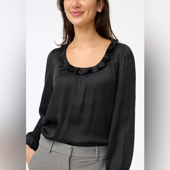 J Crew Womens Petite Ruffle-Neck Long Sleeve Blouse in Black Size Large - Picture 1 of 8
